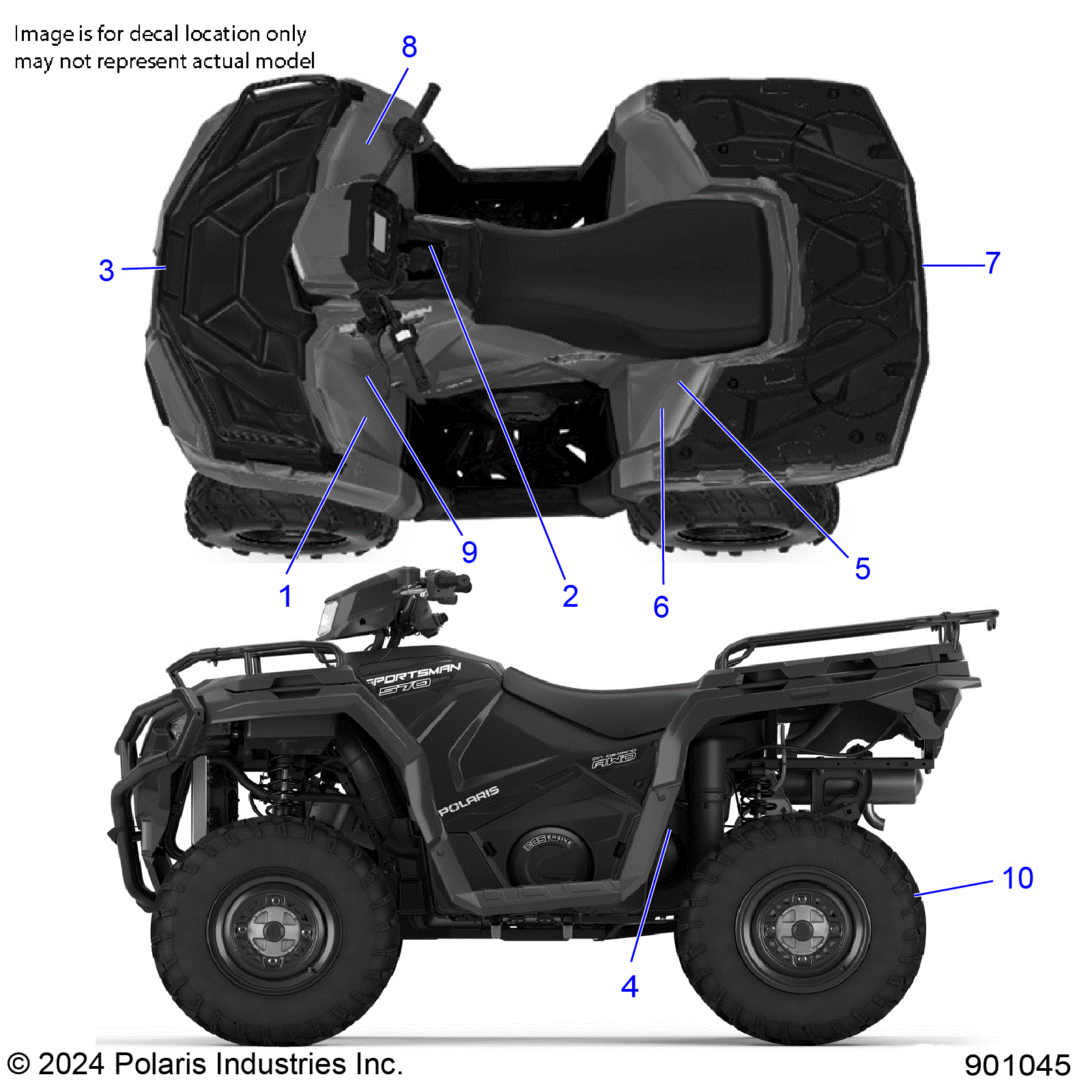 An Image of a Genuine Polaris Parts Schematic Diagram showing the schematic - BODY: DECALS STANDARD - 2025 POLARIS SPORTSMAN 570 EPS