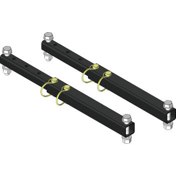 Illustration of two black rectangular metal bars with large bolts and yellow safety pins, shown as the Pro V Manual Angling Kit by Kfi Products—essential accessories for the KFI Pro-V Plow System.