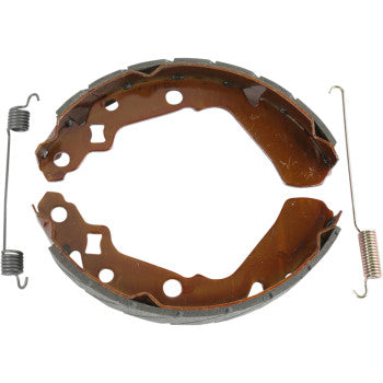 The Ebc Brake Shoes set includes two brown, semi-circular shoes with black friction surfaces and durable linings, arranged in a circle with a metal spring on each side.