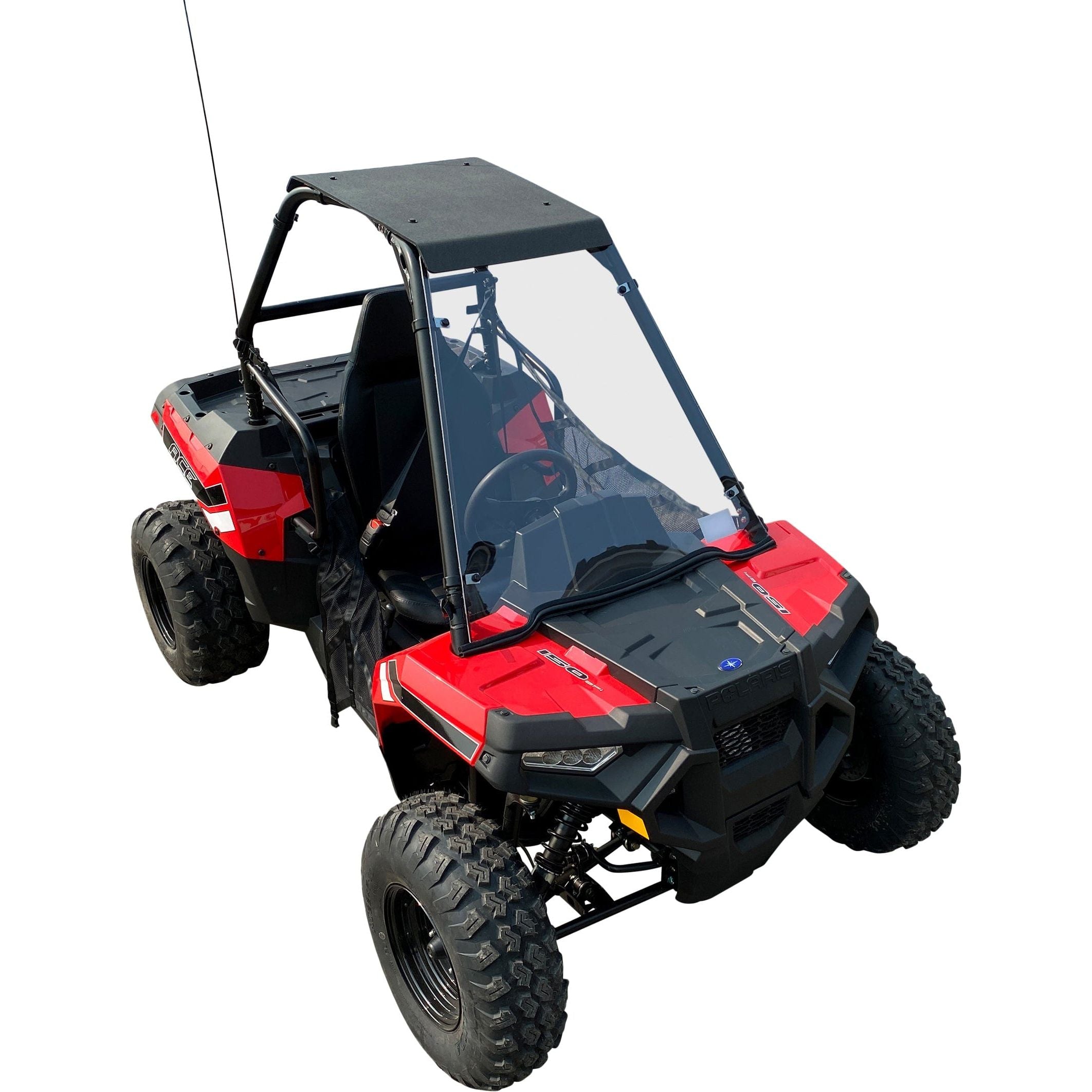 A Polaris Ace 150 UTV with a molded roof by Open Trail, featuring large rugged tires, a galvanized steel roll cage, clear windshield, shown from an elevated front-side angle on a white background.