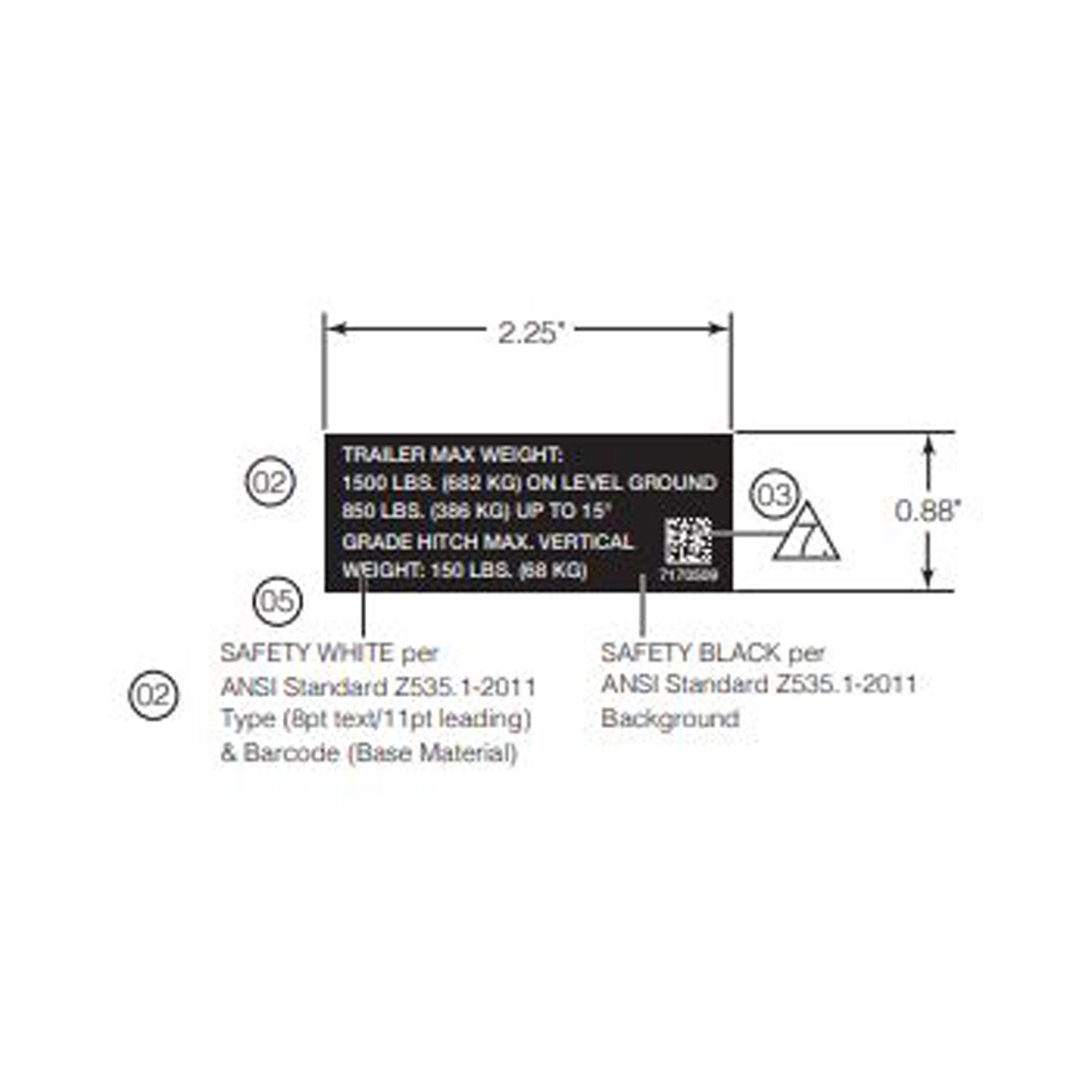 Oval white trailer hitch decal with black text and safety weight specifications, 2.25 by 0.88 inches.