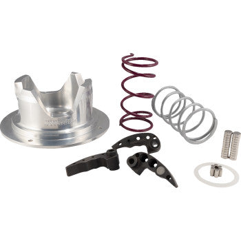 Silver metal clutch housing paired with red and silver coiled springs, black lever components, and small silver hardware.