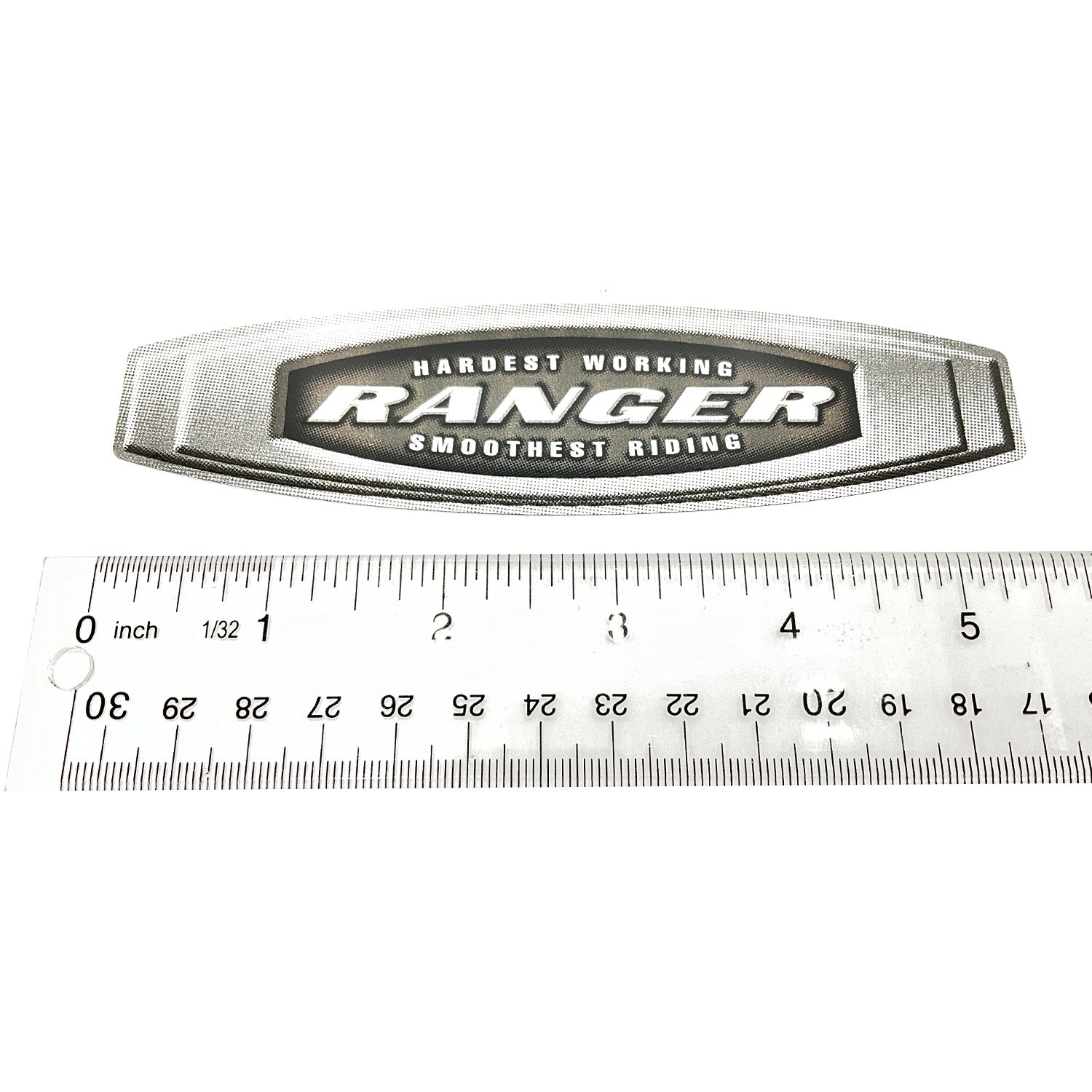 Silver and black metal emblem decal reading "Hardest Working Ranger Smoothest Riding" with a sleek, rectangular shape above.
