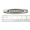 Silver and black metal emblem decal reading "Hardest Working Ranger Smoothest Riding" with a sleek, rectangular shape above.