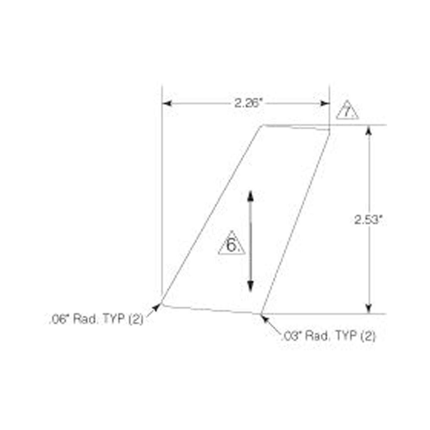 Red polygonal reflector decal with angled edges and precise dimensional markings.