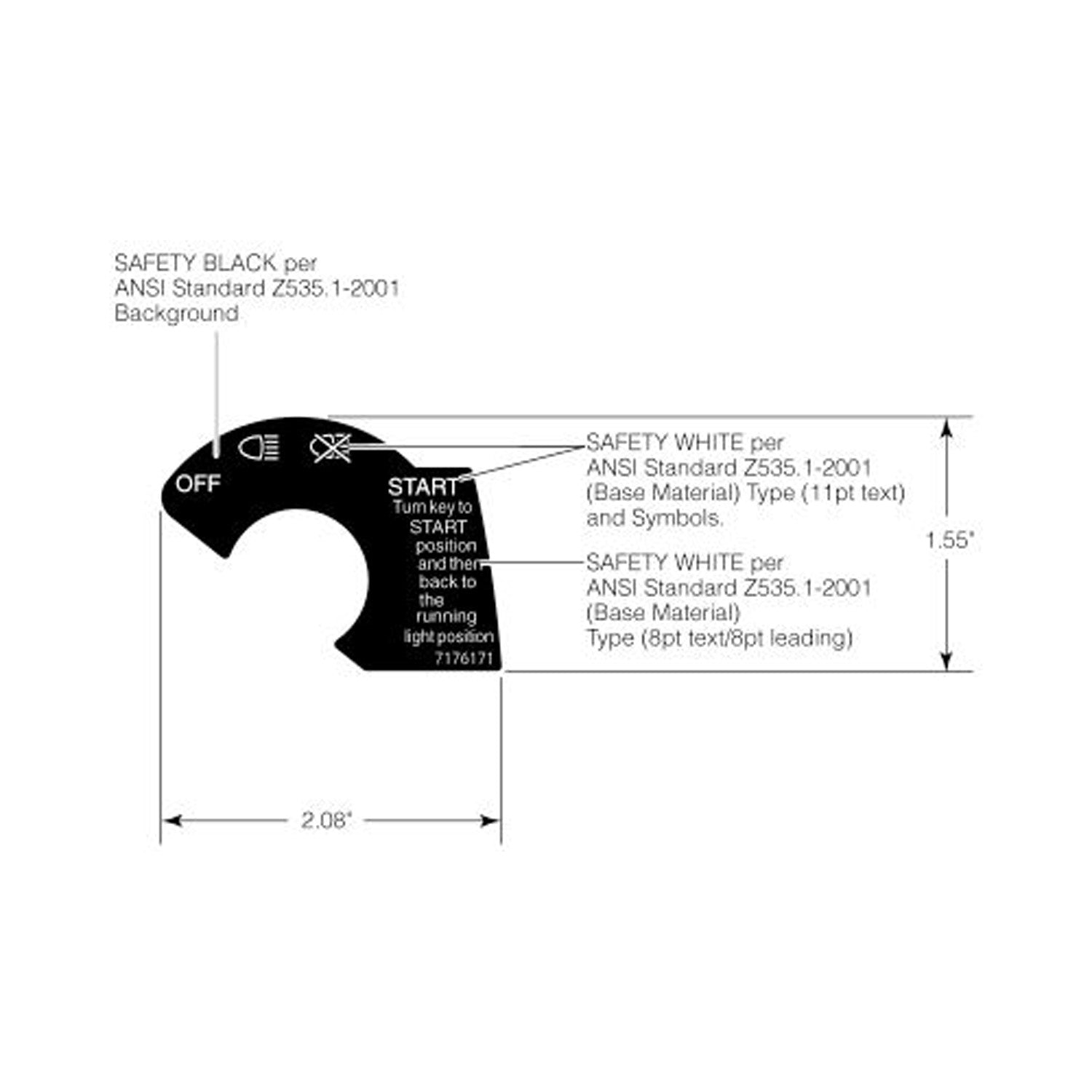 Black ignition decal with white safety text and symbols for Polaris Ranger switch panel.