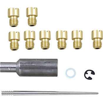 Set of eight gold-colored brass jets, a cylindrical silver metal adapter, a thin silver needle, a white washer, and a small.
