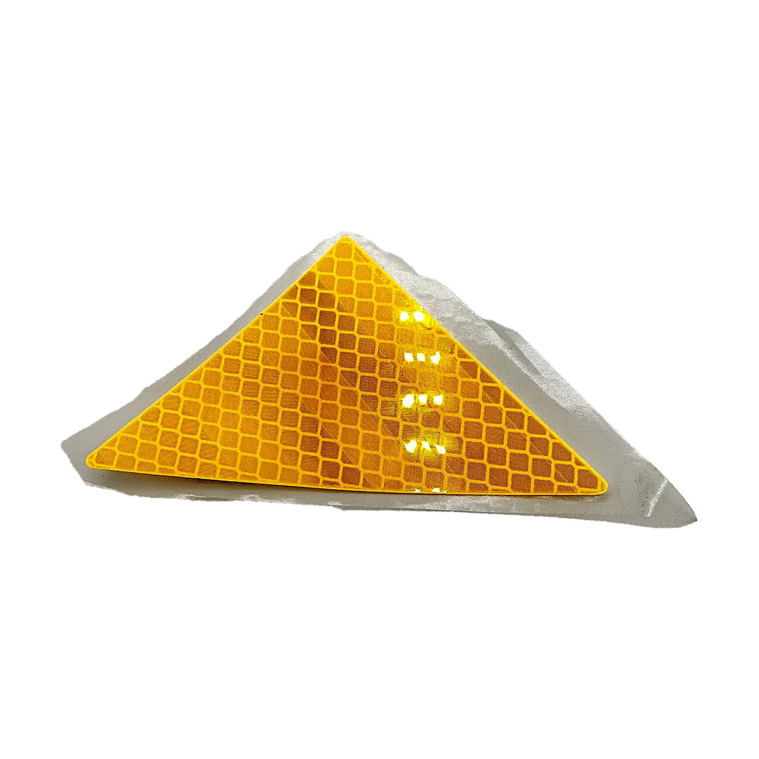 Amber triangular reflective decal with grid pattern and angled edges designed for left side mounting.