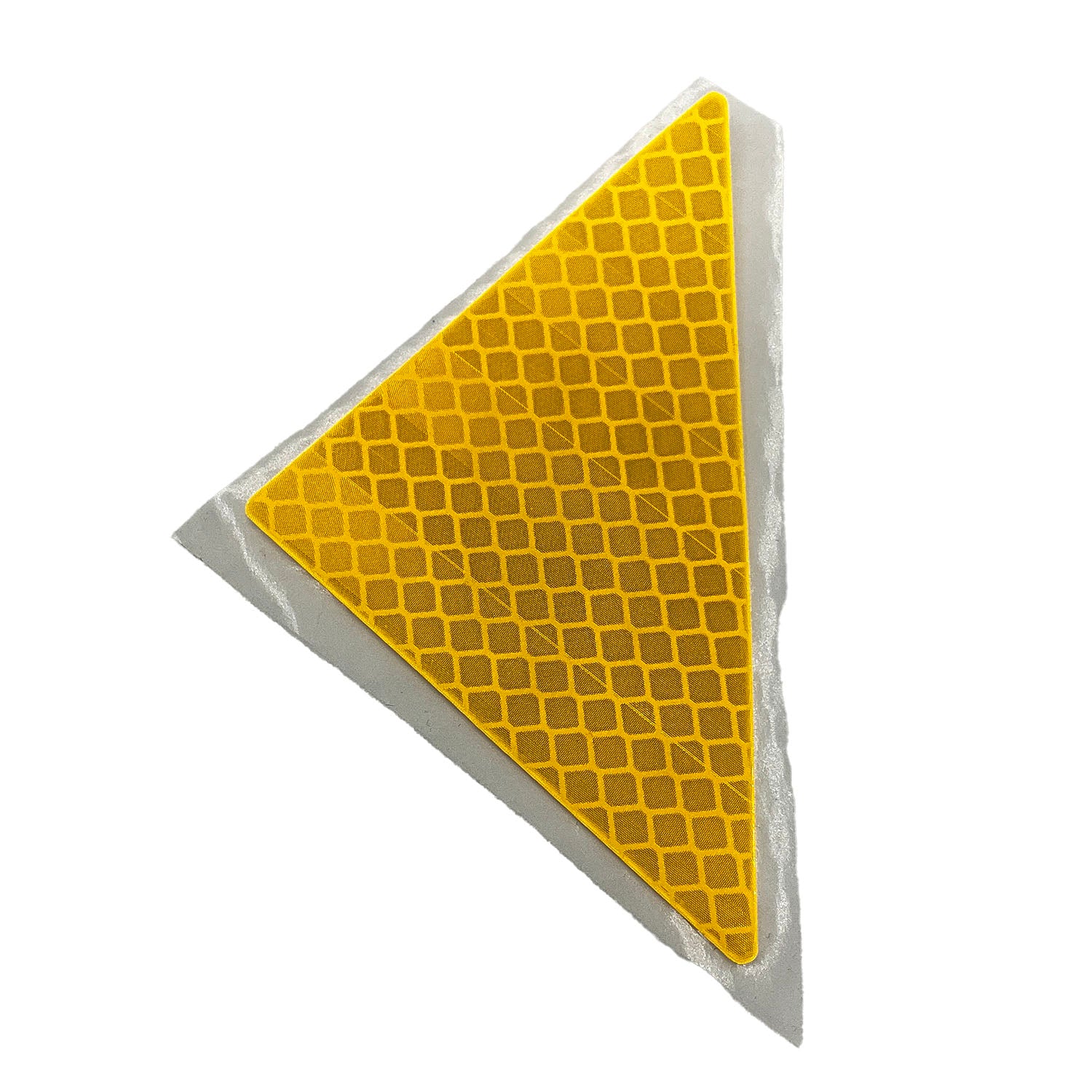 Amber triangular reflector decal with honeycomb pattern and translucent edges.