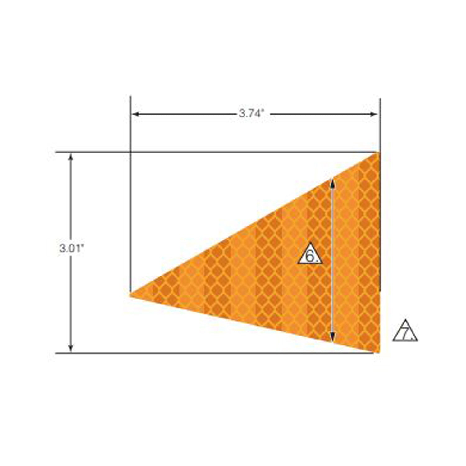 Amber triangular reflector decal with honeycomb pattern, measuring 3.74 by 3.01 inches.
