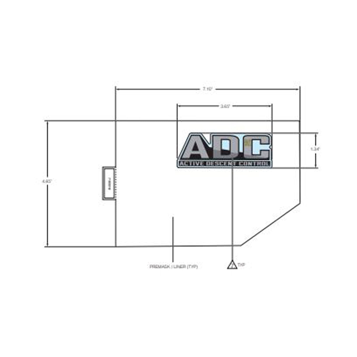 Rectangular silver hood decal with black border and bold black "ADC" lettering outlined in white.