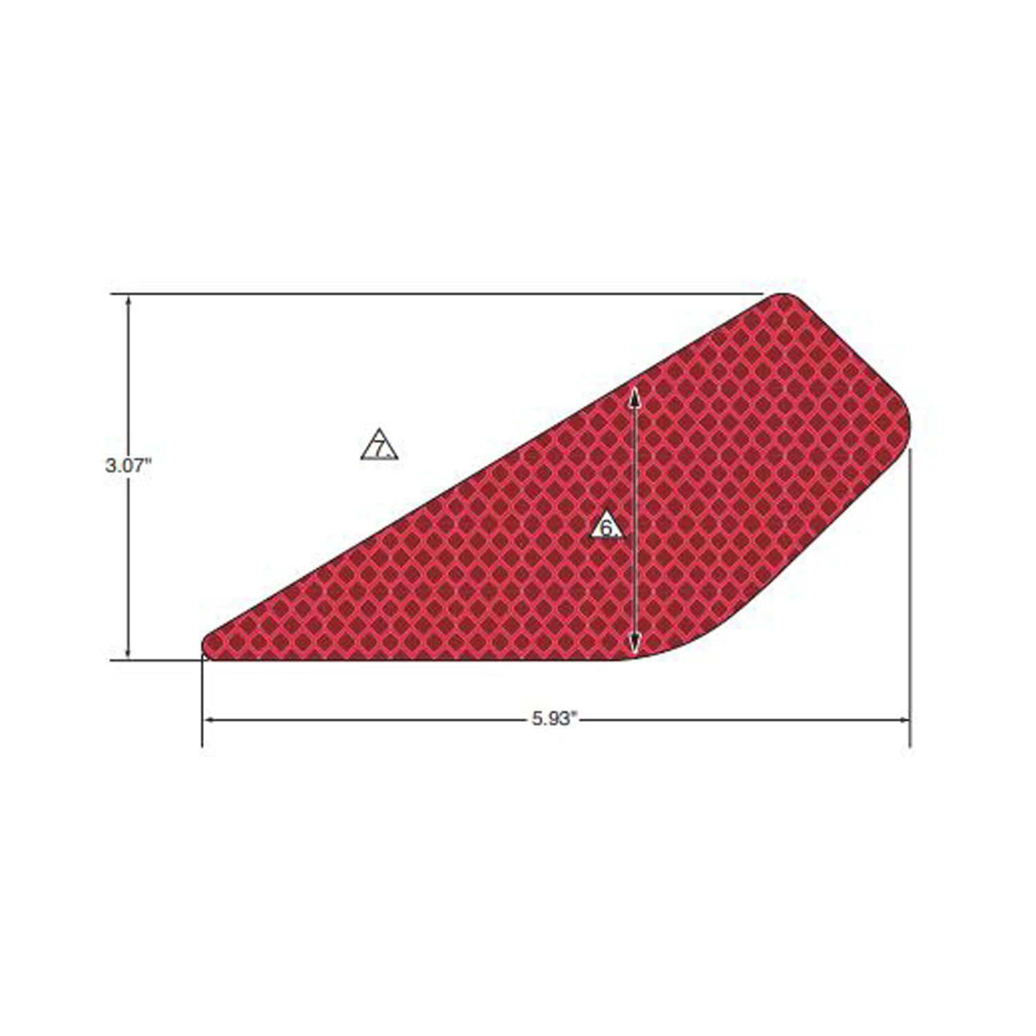Red triangular reflector decal with honeycomb pattern and beveled edges, 5.93 by 3.07 inches.