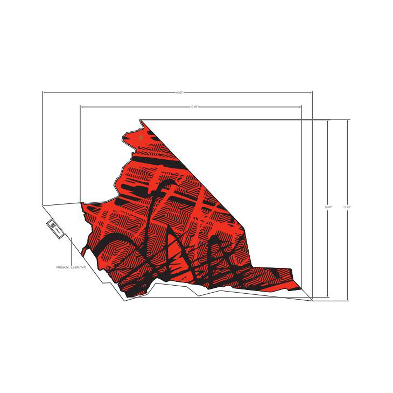 Red and black angular plastic fender decal with textured pattern and mounting holes for rear right side.