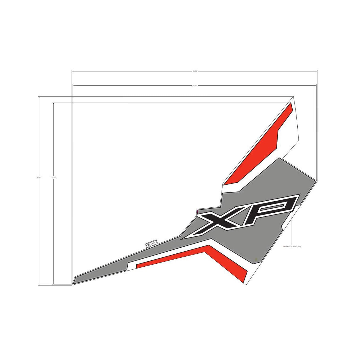 Red, black, and gray angular rear left fender decal with "XP" lettering for Polaris UTV.