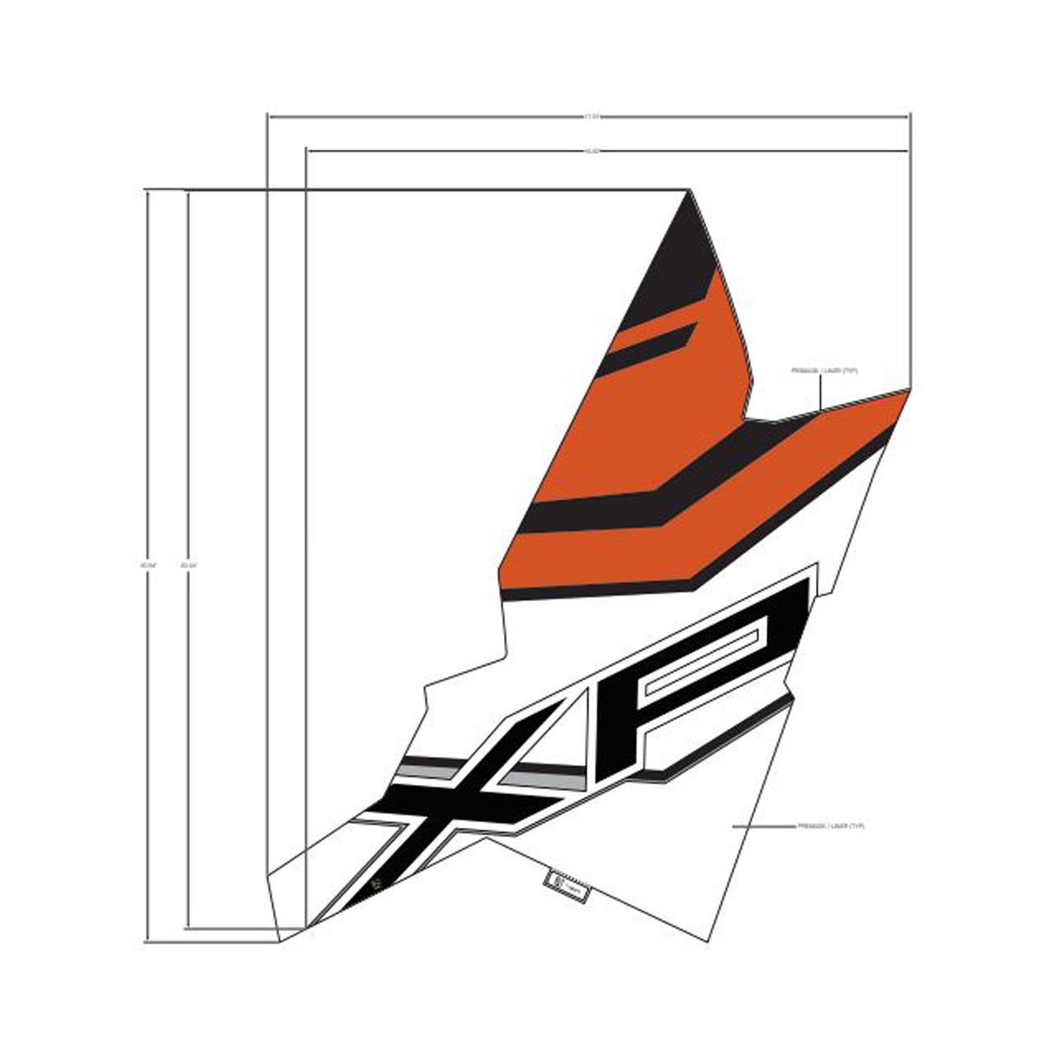 Polaris rear left fender decal with orange, black, and white sections and bold "XP" lettering.