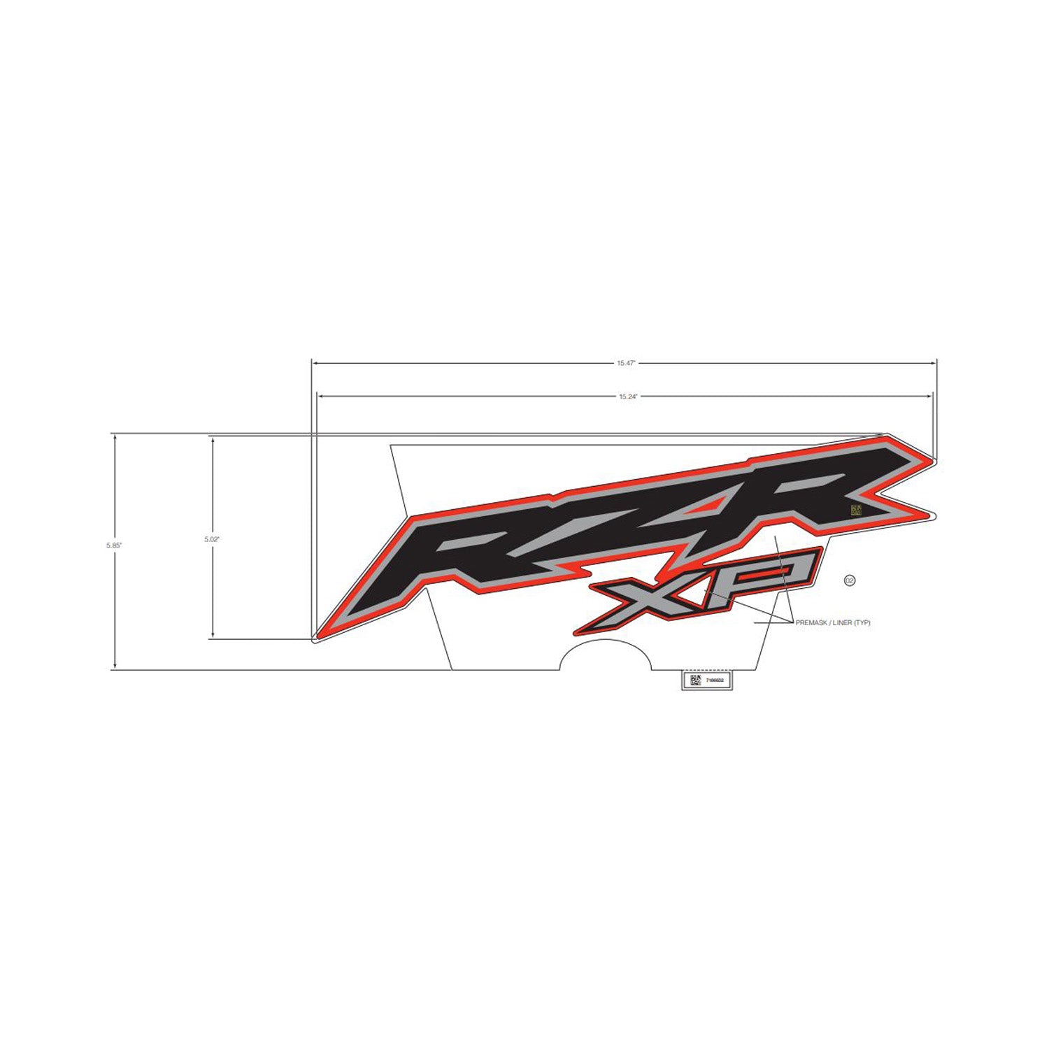 Black and red RZR XP center hood decal with bold, angular lettering and sharp edges.