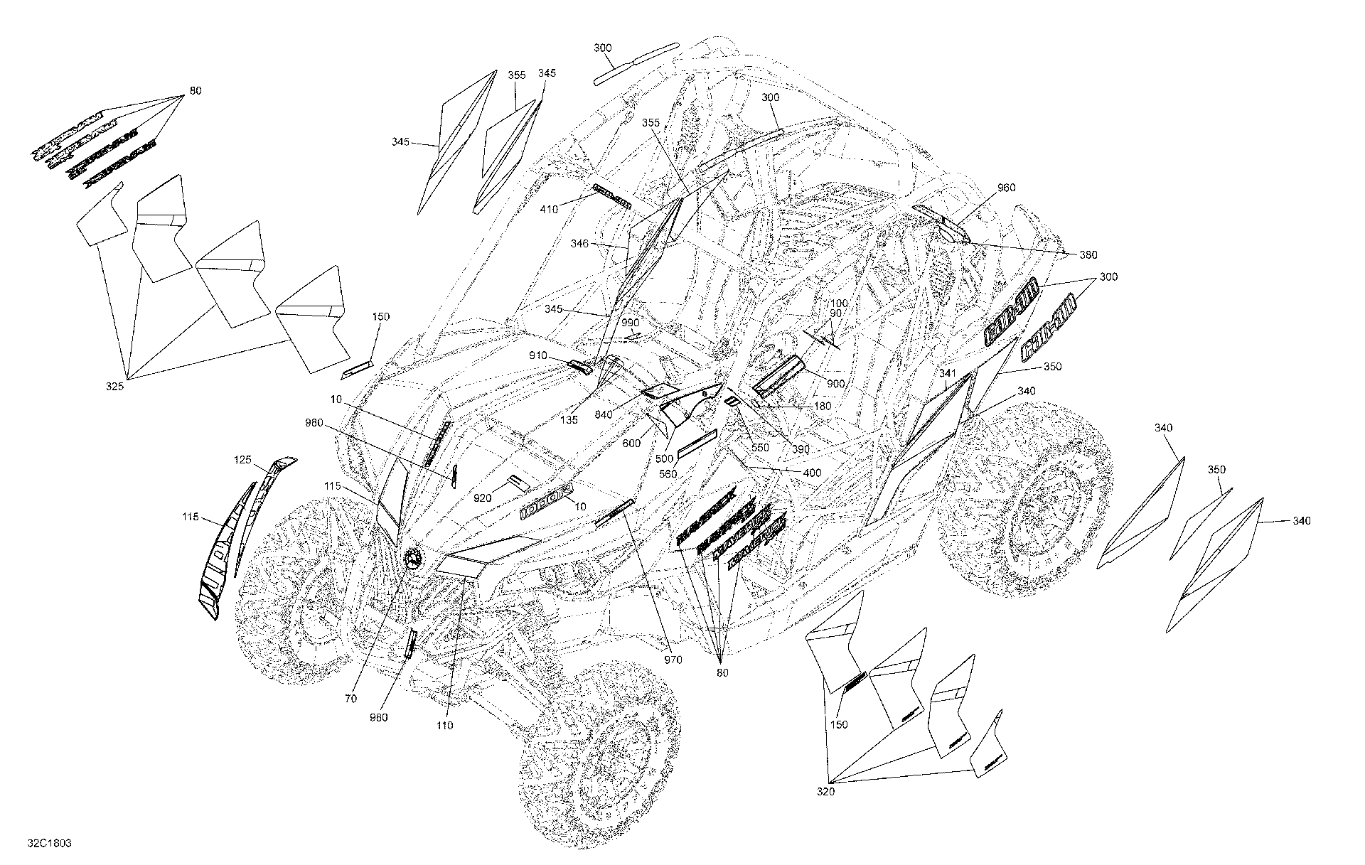 An Image of a Genuine Can-Am Parts Schematic Diagram showing the schematic - DECALS MAVERICK NON MAX - PACKAGE XC