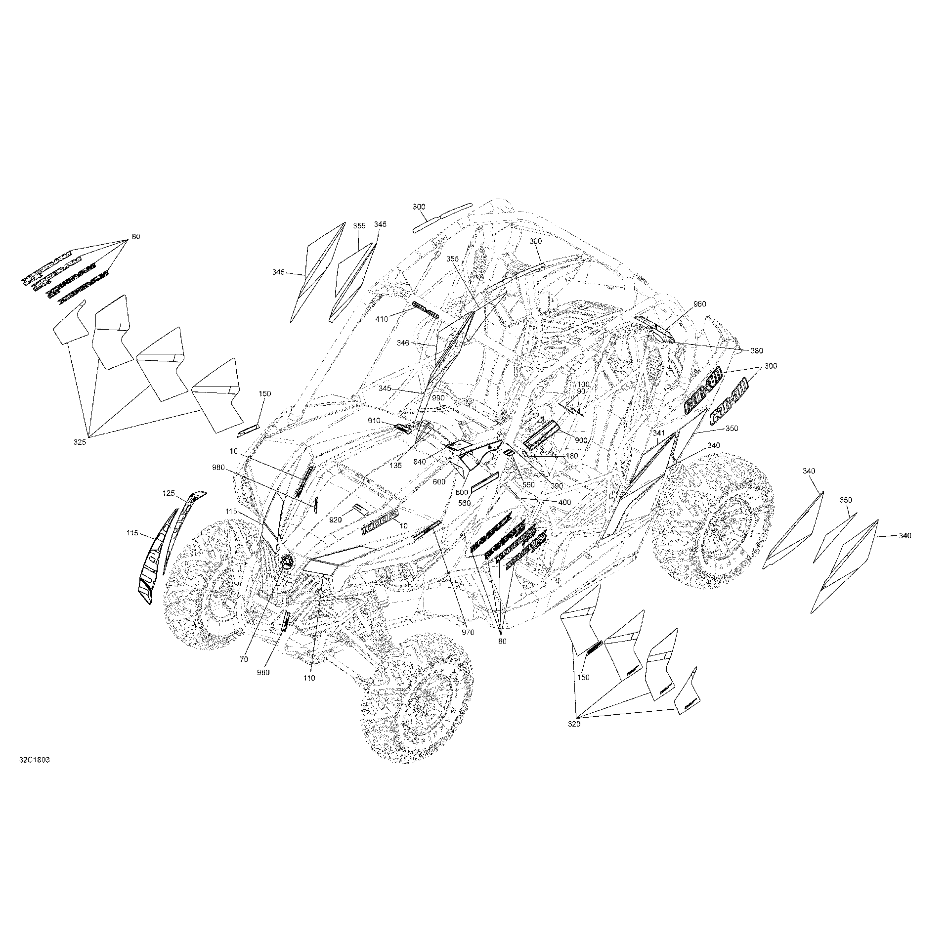 An Image of a Genuine Can-Am Parts Schematic Diagram showing the schematic - DECALS MAVERICK NON MAX - PACKAGE X XC