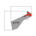 Gray and red angular front fender decal for Polaris, labeled EPS power steering system, with exact fit measurements shown.