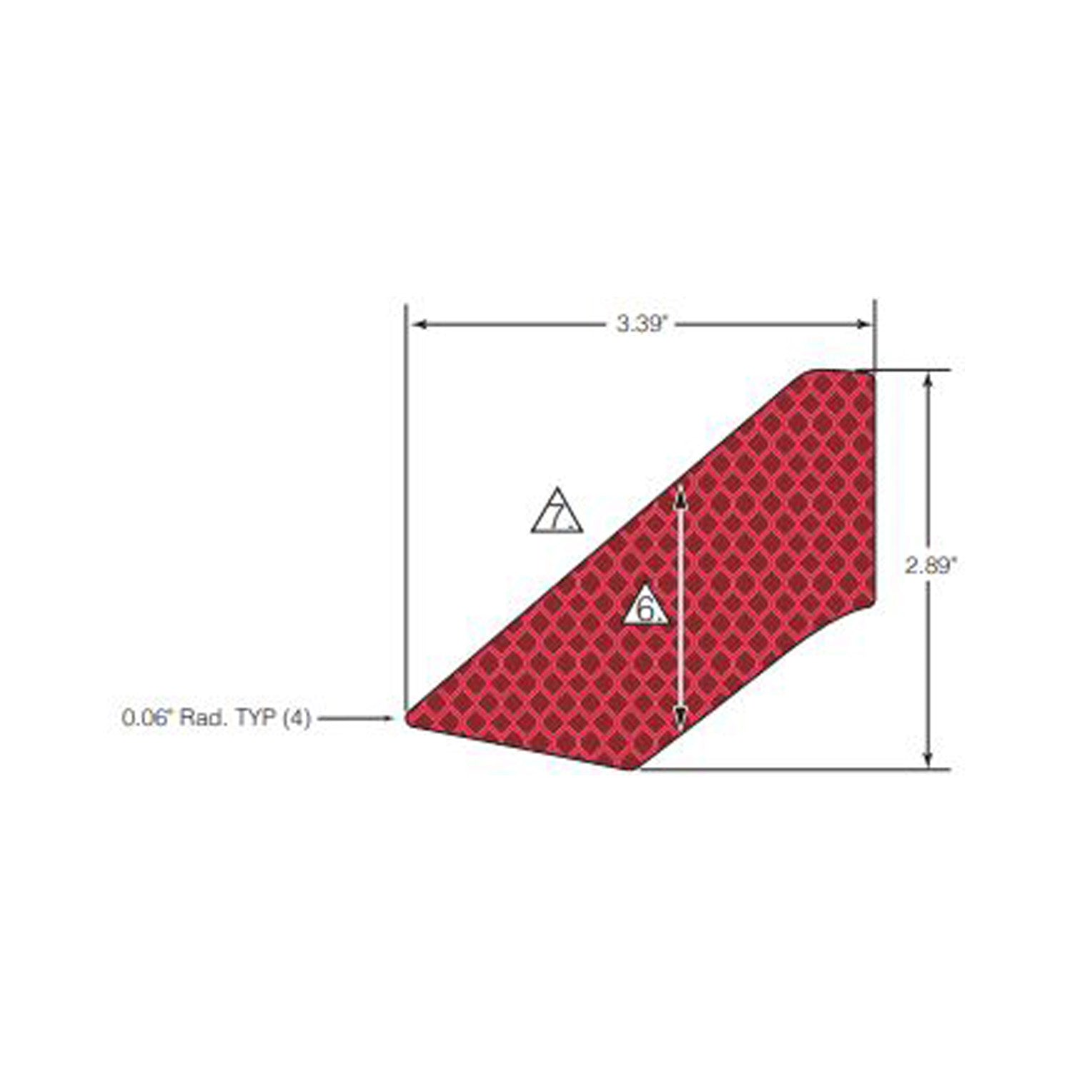 Red polygon-shaped reflector decal with angled cut and honeycomb pattern, 3.3 by 2.9 inches.