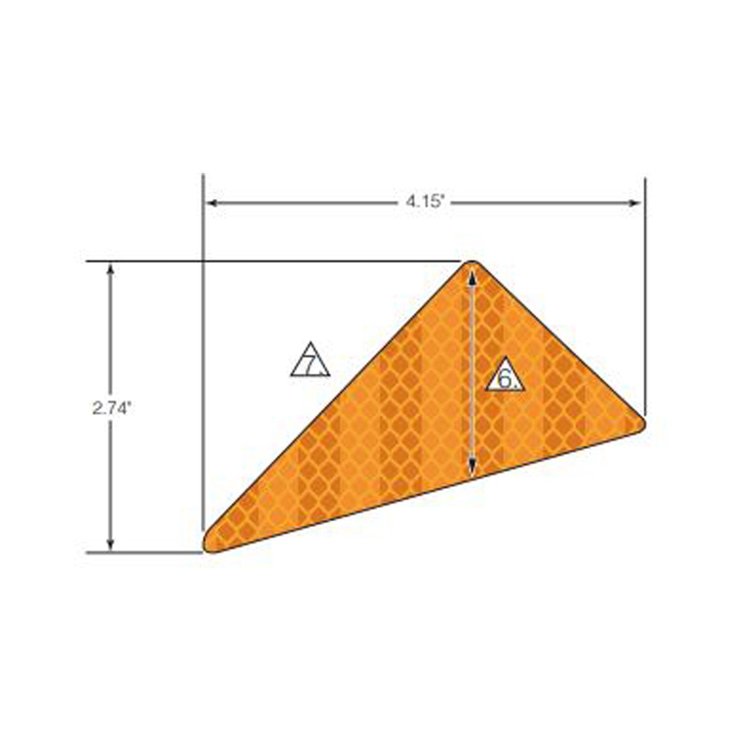 Amber triangular reflector decal with honeycomb pattern, measuring 4.15 by 2.74 inches.