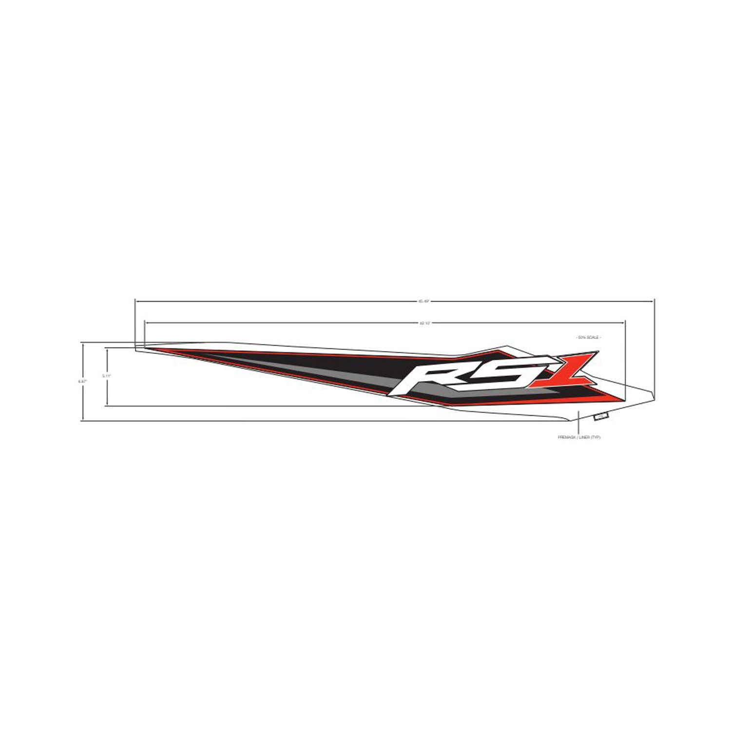 Black and red angular fender decal with "RS1" text in white and red accents, designed for rear lower right placement.