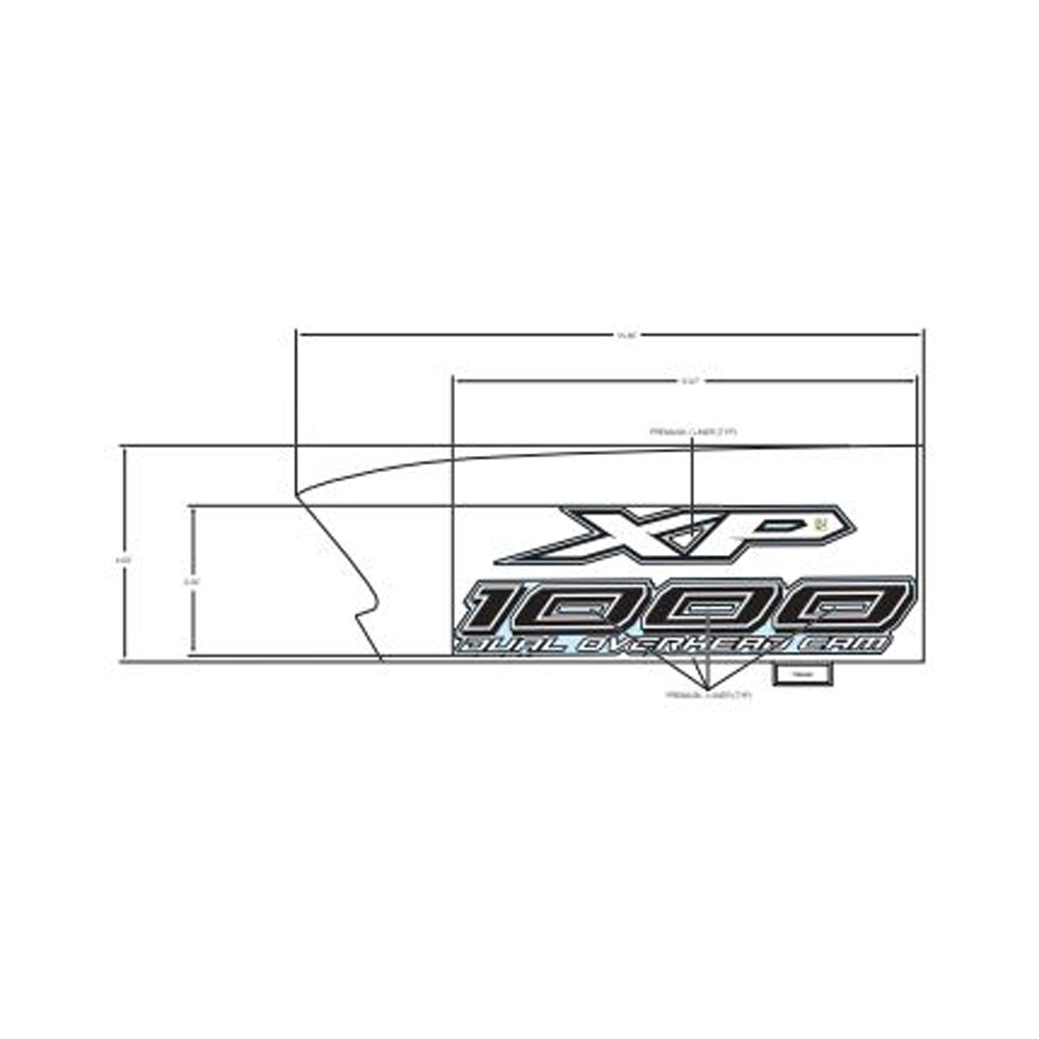 White front fender decal with black "XP 1000" text and technical dimensions overlay.