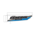 Black and blue angular side decal with "GENERAL" text and Polaris branding for UTV cargo box, left side.