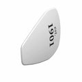 Silver triangular metal badge with black text "est. 1901" on one side.