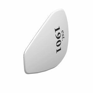 Silver triangular metal badge with black text "est. 1901" on one side.