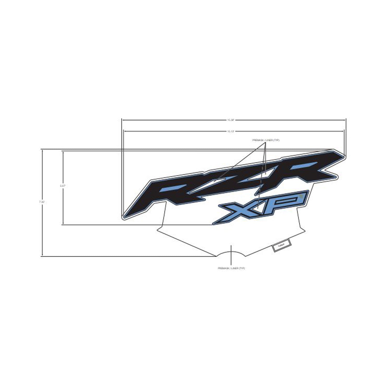 Black and blue angular RZR XP hood decal with sharp edges and modern font.