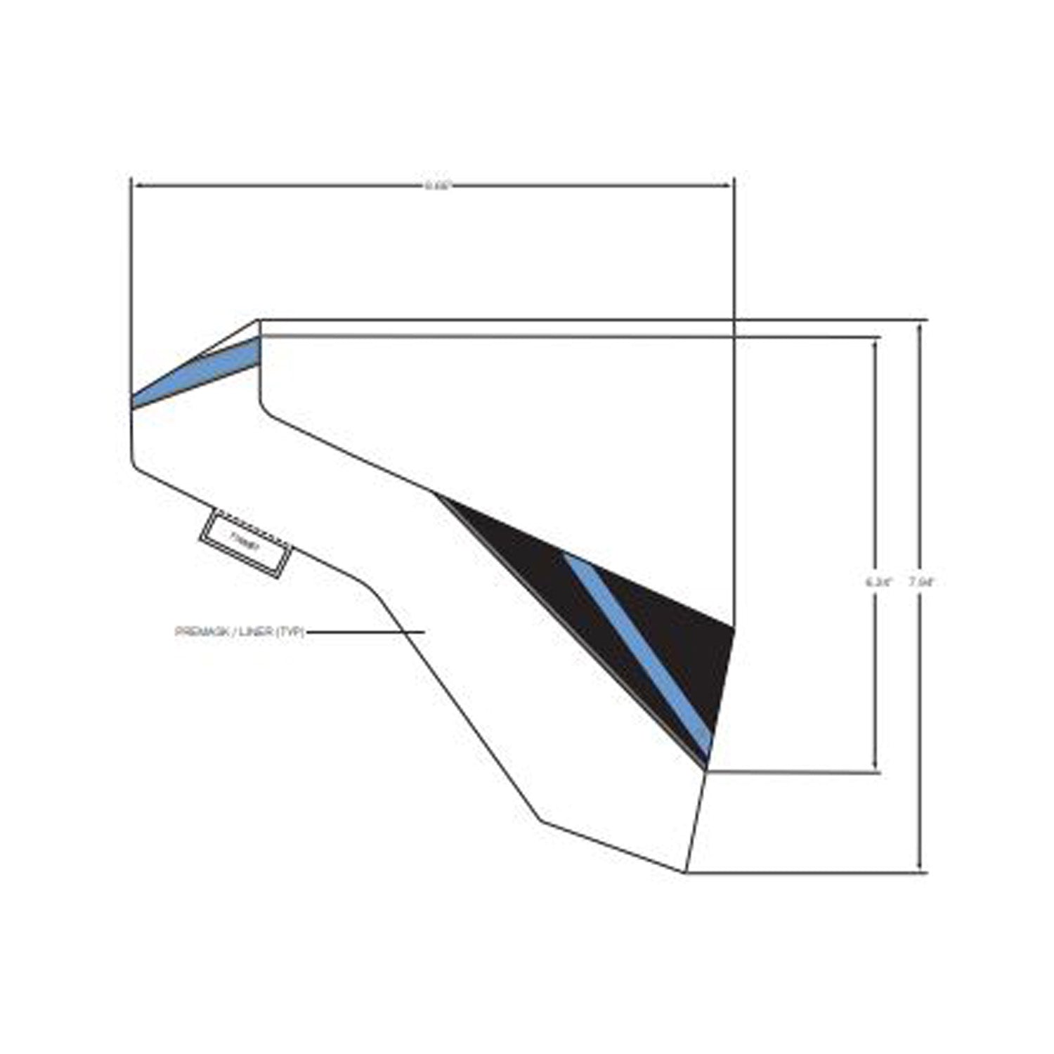 Angular black fender decal with blue and gray diagonal stripes, designed for front bottom placement.