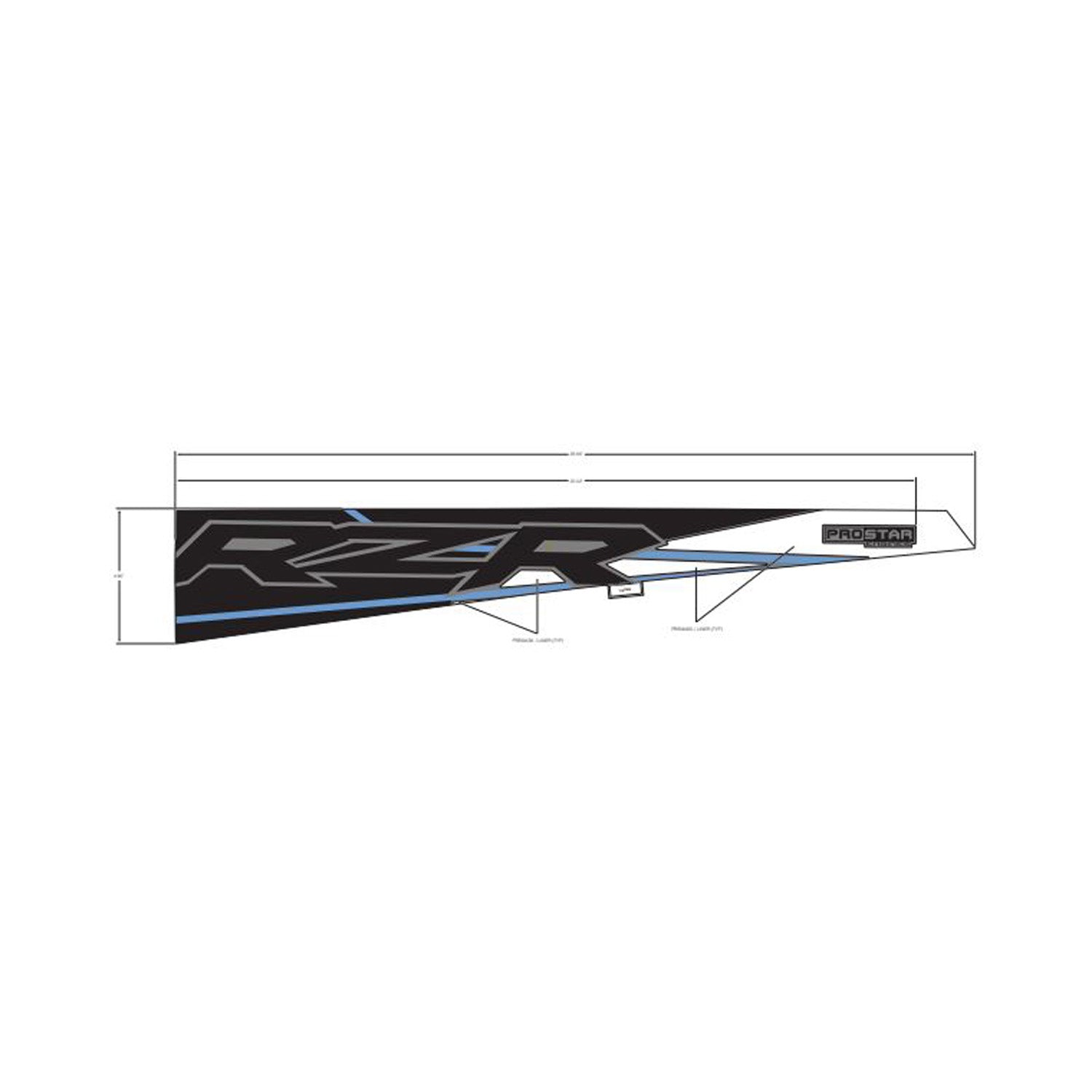 Black and grey triangular Polaris RZR rear left fender decal with blue accents and angular design.