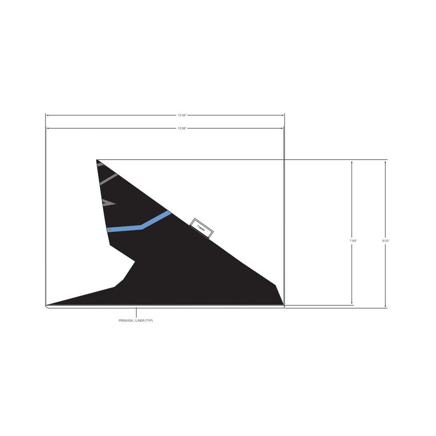 Black polygon-shaped Fender decal with sharp blue and white angular accents designed for rear right side of Polaris UTV.