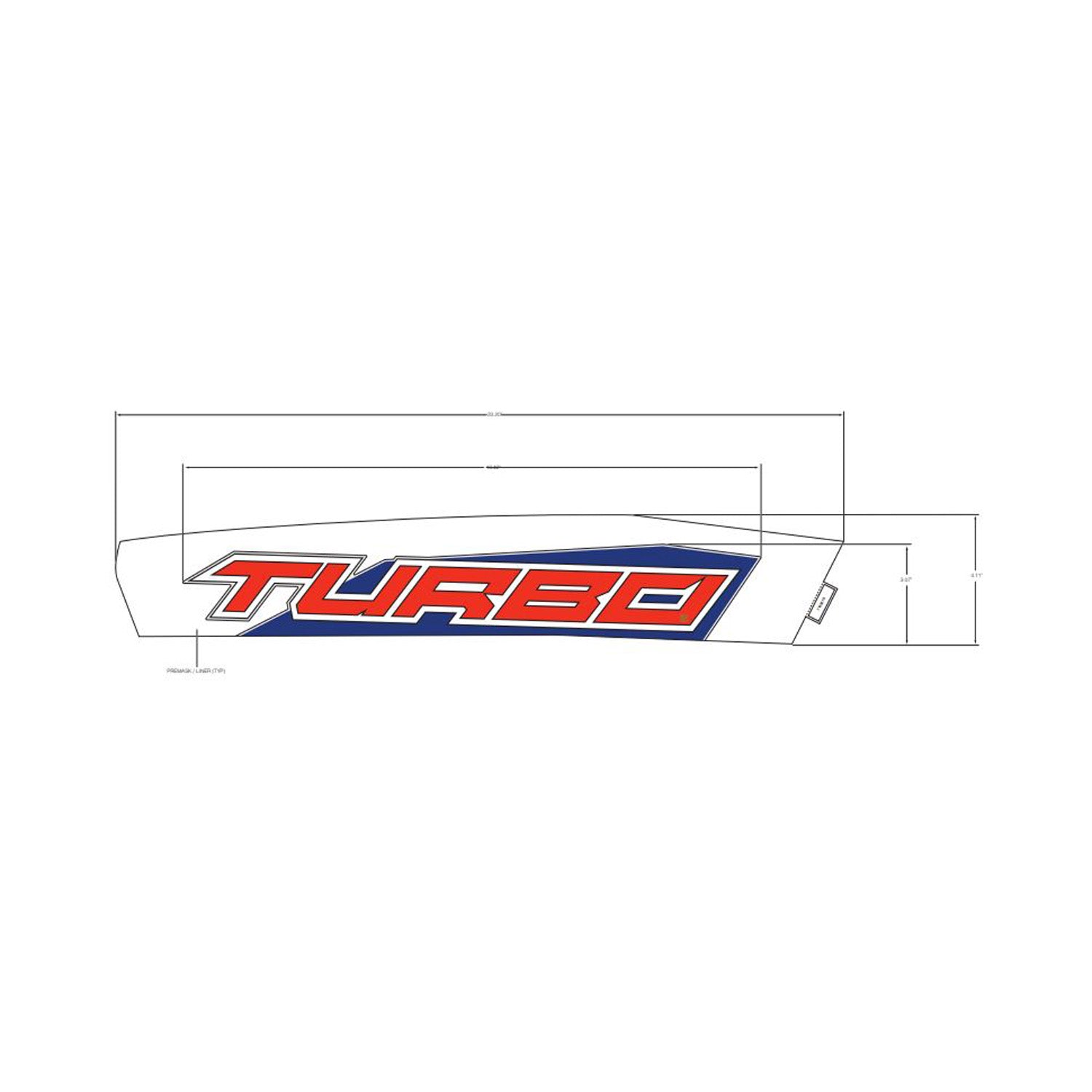 Red and blue "TURBO" decal with white outline for right front fender of Polaris vehicle.