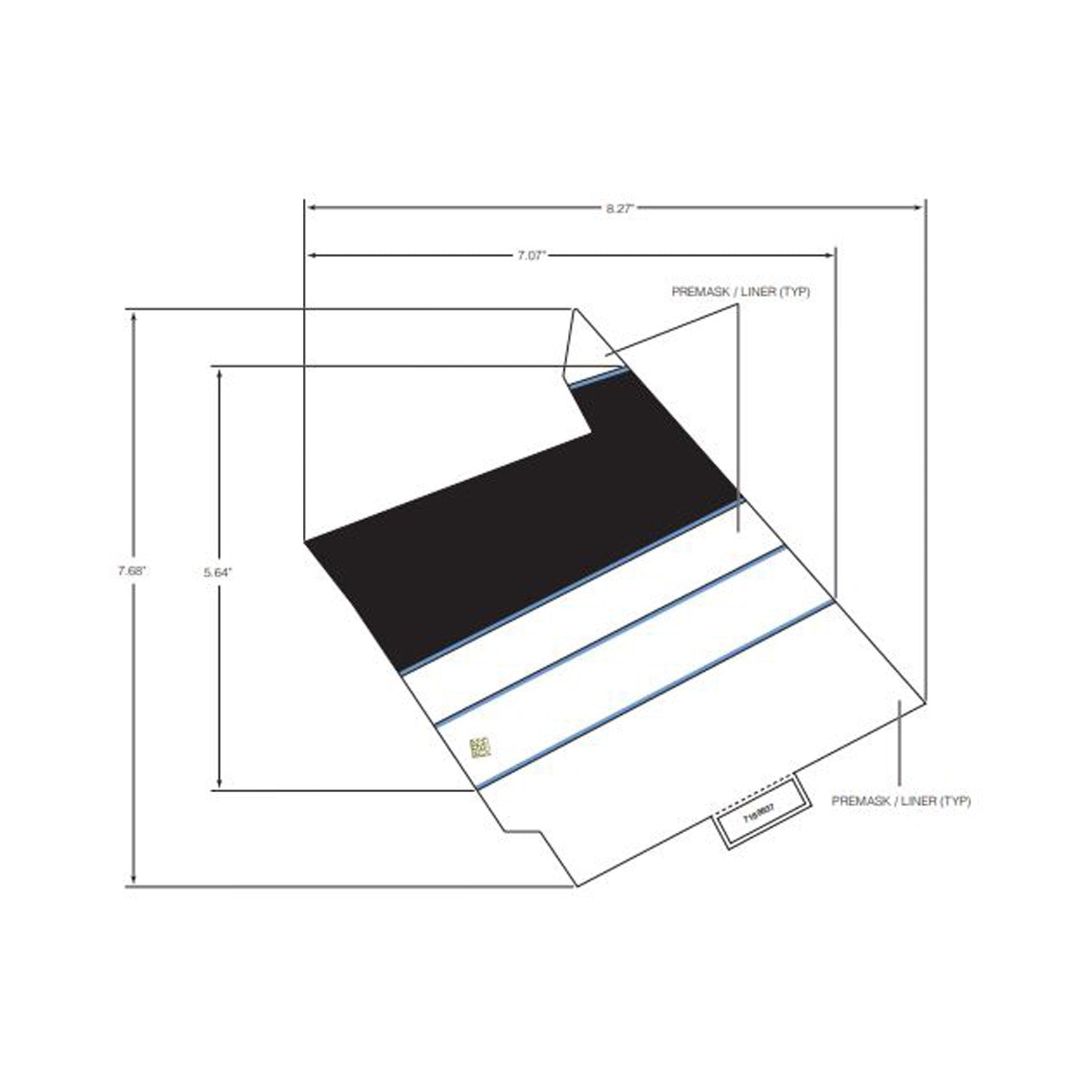 Black and white angular decal with blue lines and dimensions for Polaris RZR rear bottom fender replacement.
