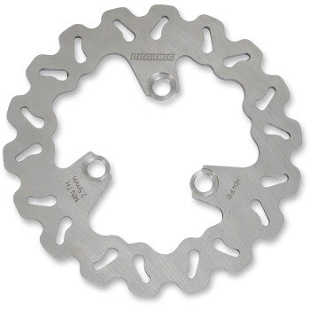 Silver wavy brake rotor with three mounting holes and ventilated cutouts, made of metal.