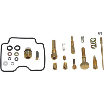 The Can Am Carburetor Repair Kit by Shindy features float valves, gaskets, washers, springs, jet needles, jets, screws, and brass fittings, all arranged neatly on a white background.