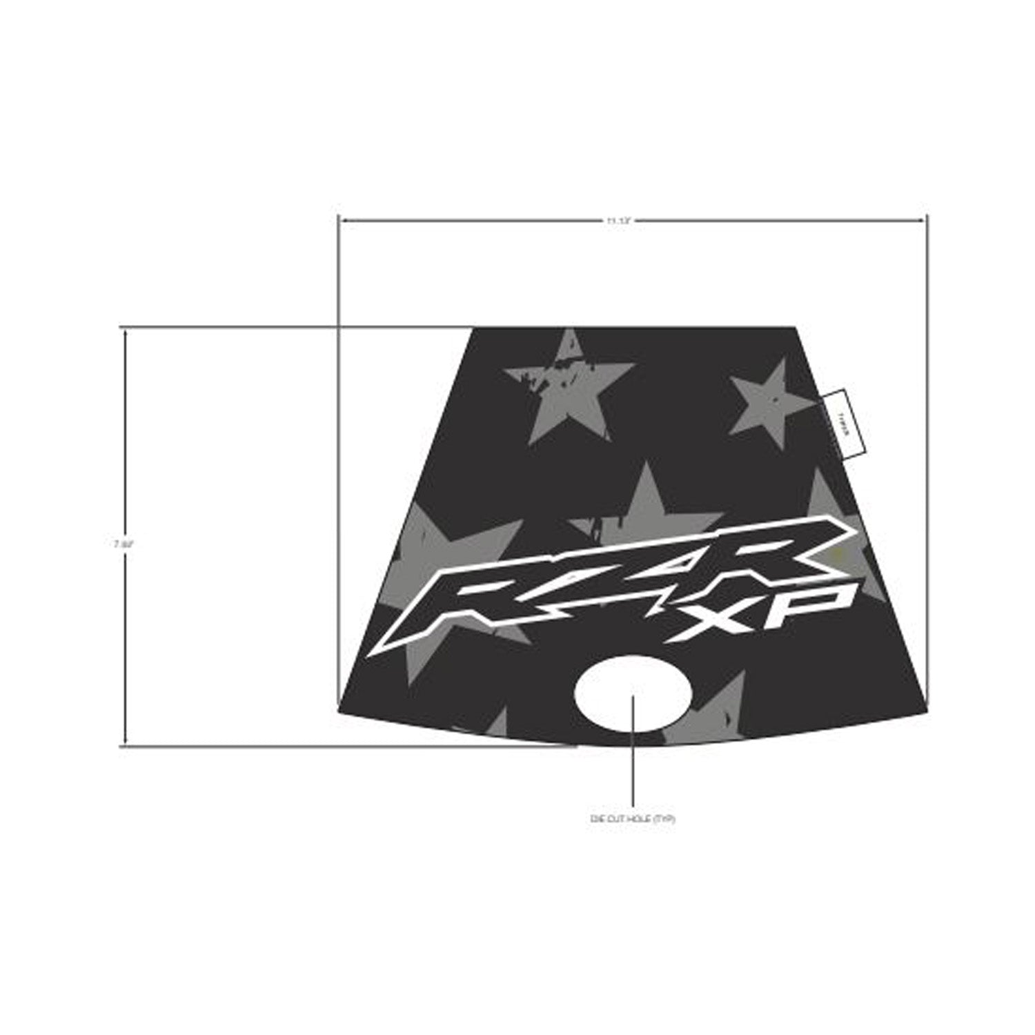 Black trapezoid hood decal with white "RZR XP" text and three star graphics.