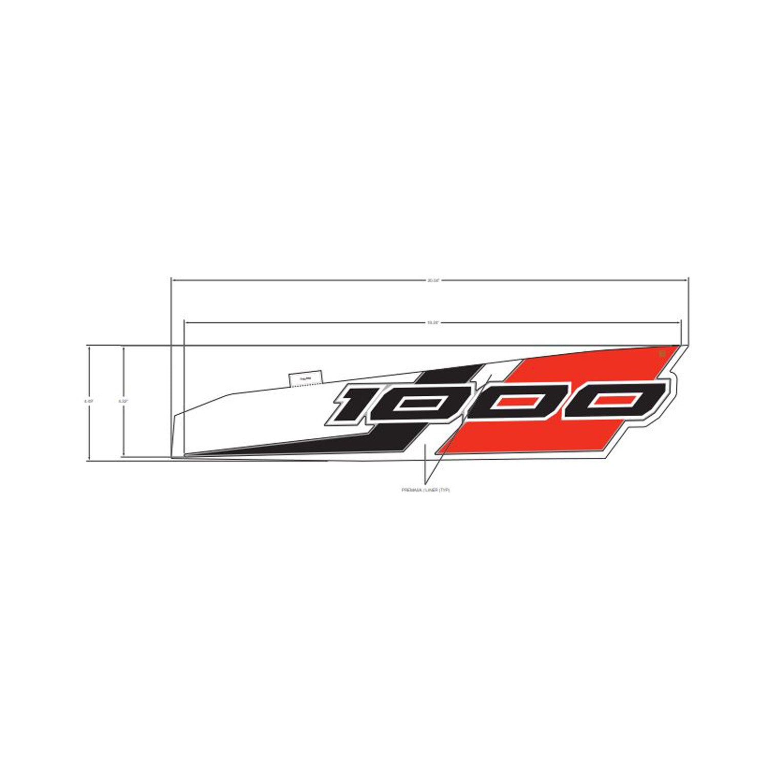 Red, black, and white angular front fender decal with bold "1000" text design.