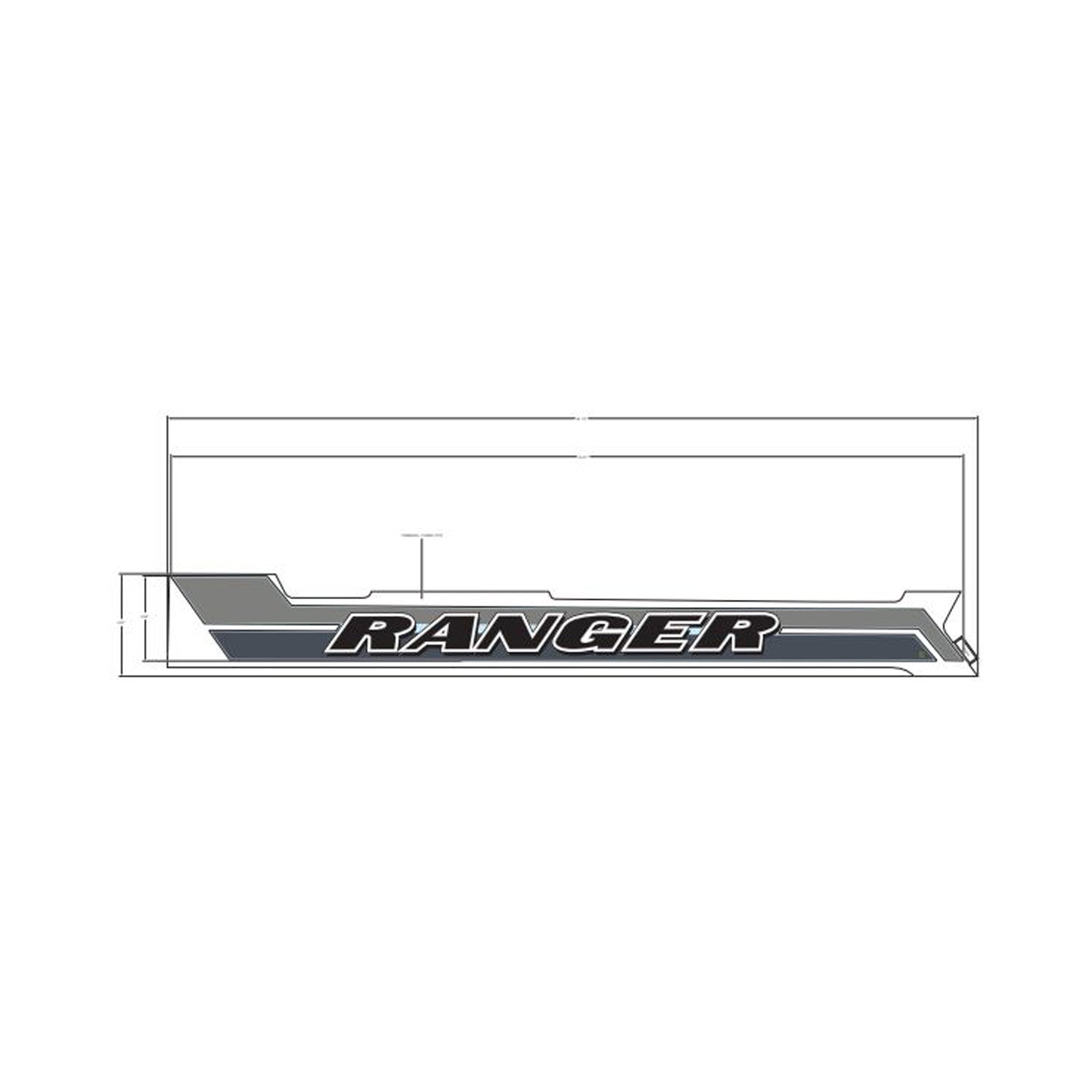 Gray and black angular cargo box side decal with "RANGER" text in bold letters, left side fitment.