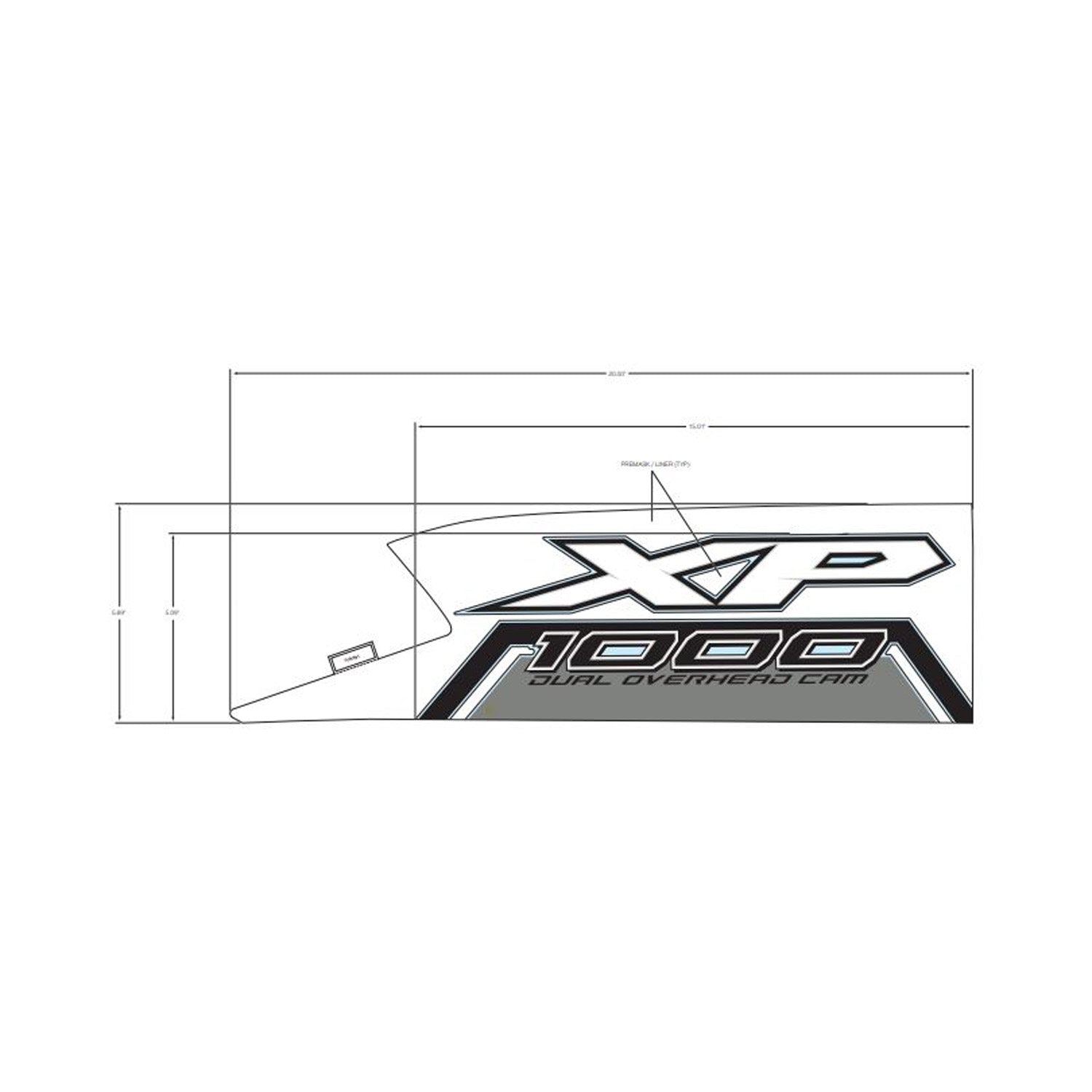 Black, white, and gray XP 1000 front fender decal with bold lettering and angular design.