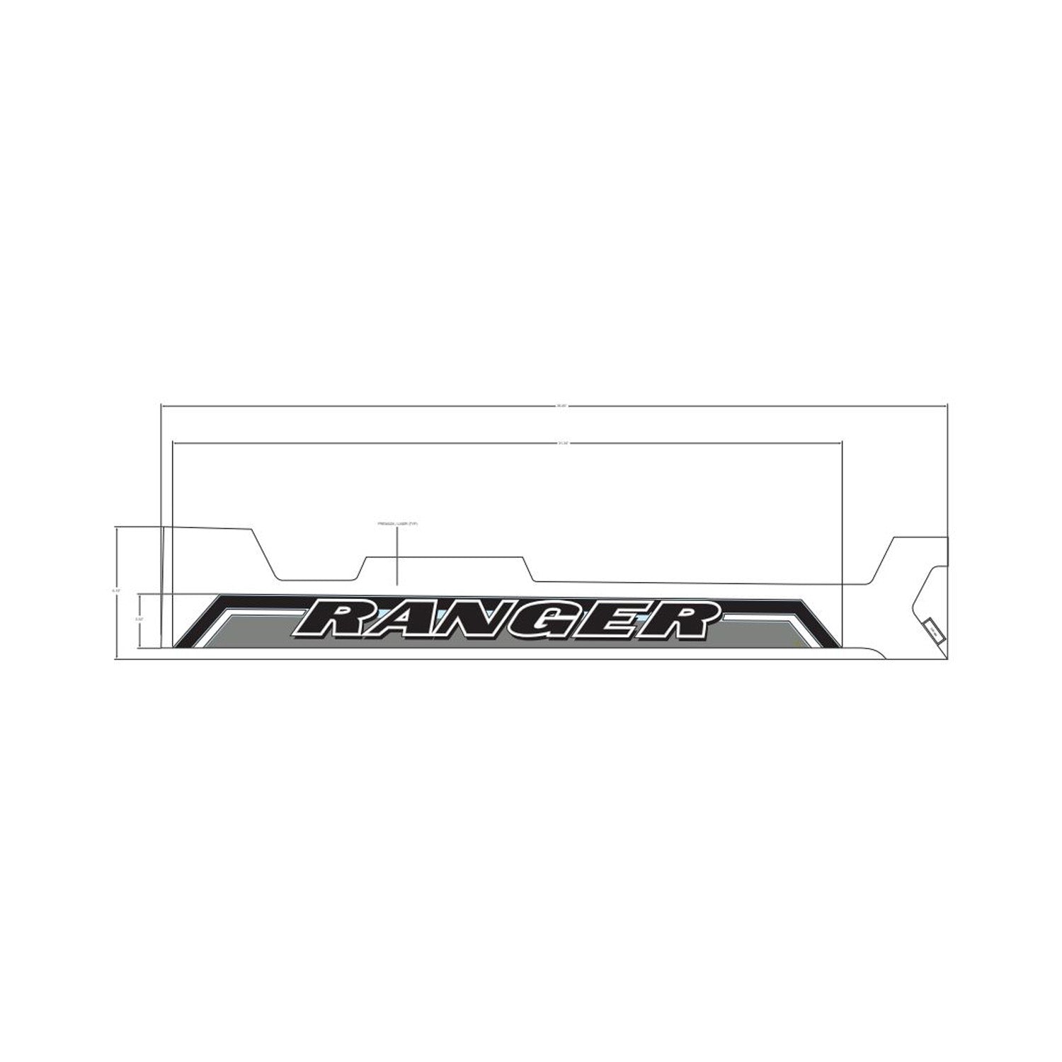 Black and gray rectangular cargo box side decal with "RANGER" text in bold white letters on left side.