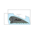 Motorcycle tank decal with black Indian chief headdress silhouette and cursive "Indian" text on gray background.