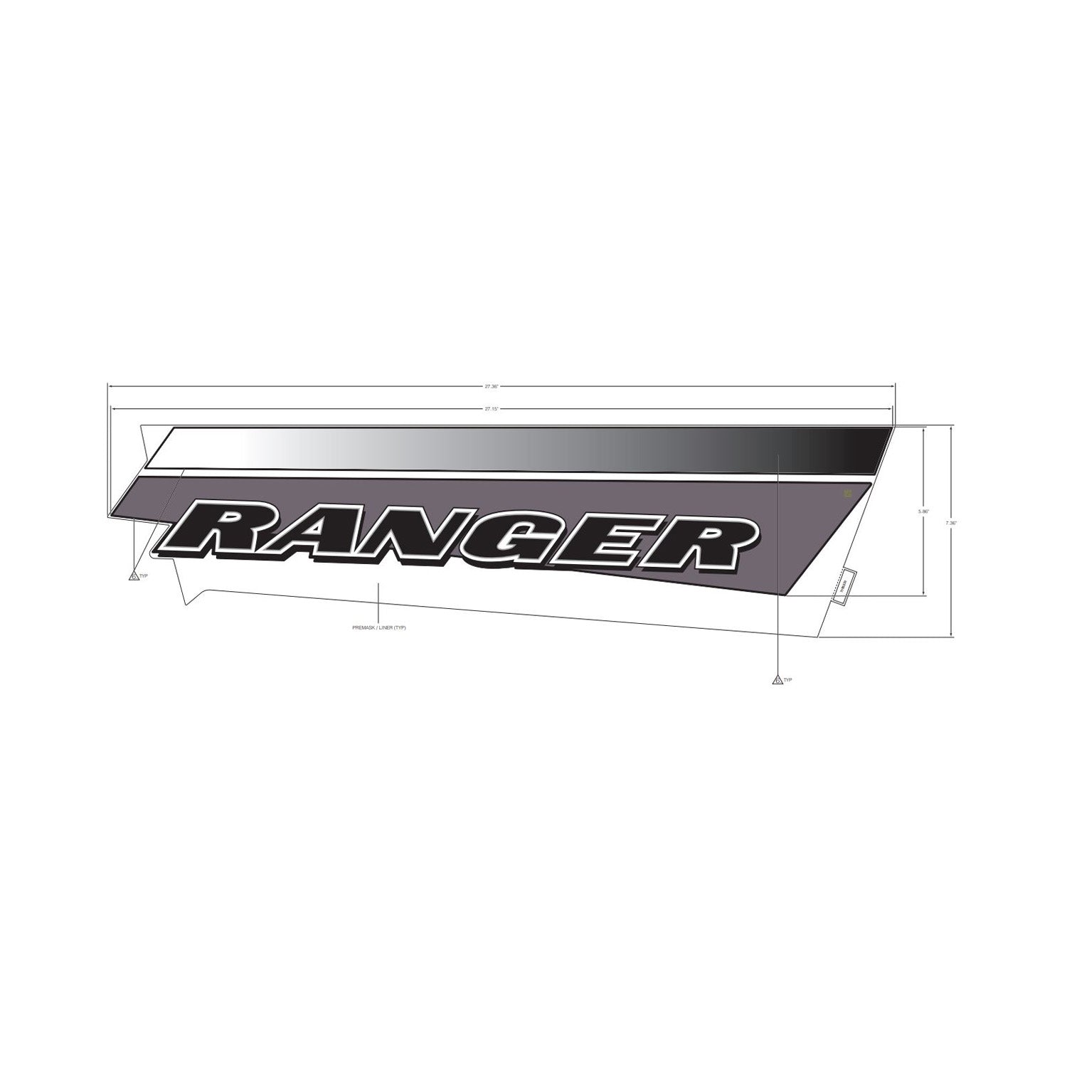 Black and gray angled cargo box side decal with bold "RANGER" text in silver and white outline.