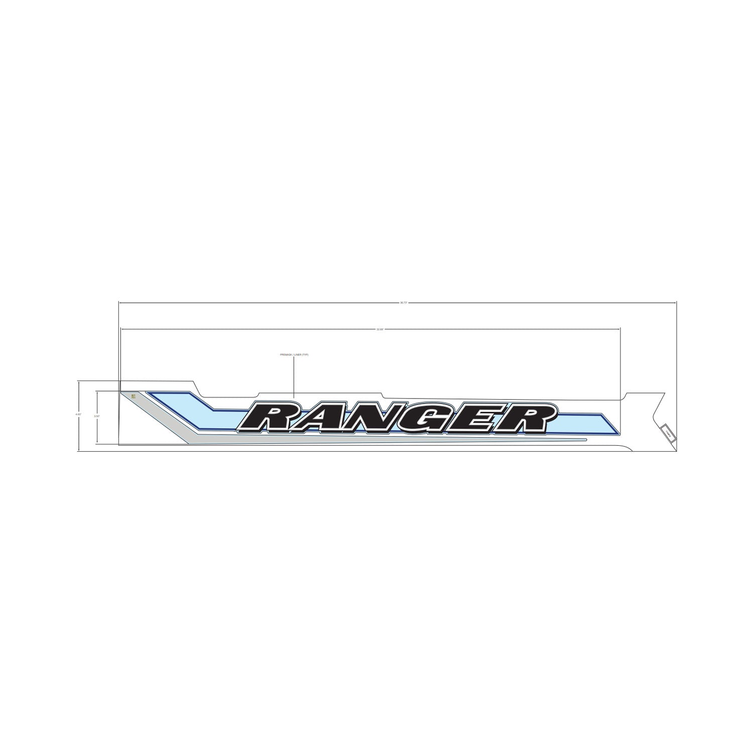 Left-side cargo box decal for Polaris Ranger in black, blue, and white with angular design accents.