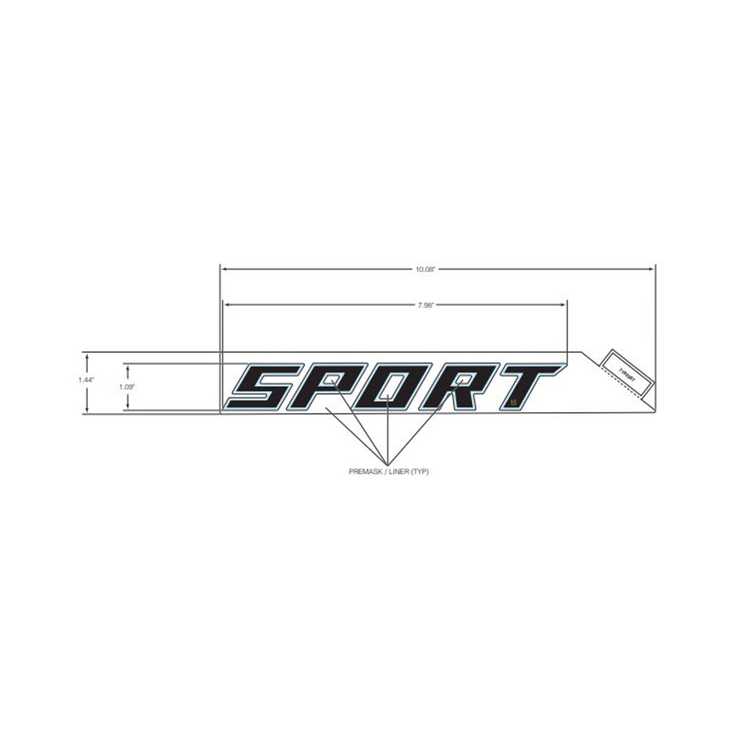 Black and gray "SPORT" hood decal with angular font and dimension lines on white background.