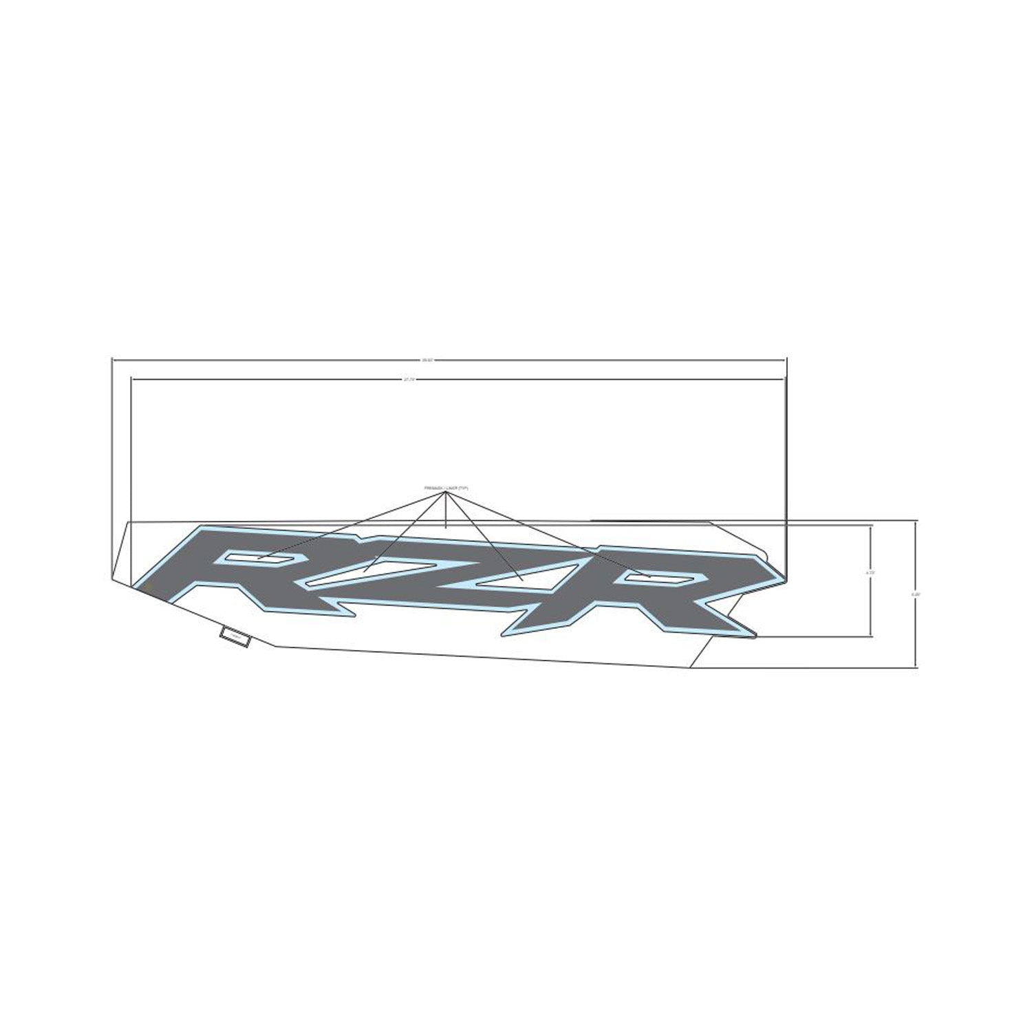 Black and gray RZR door decal with angular lettering on a clear adhesive backing.