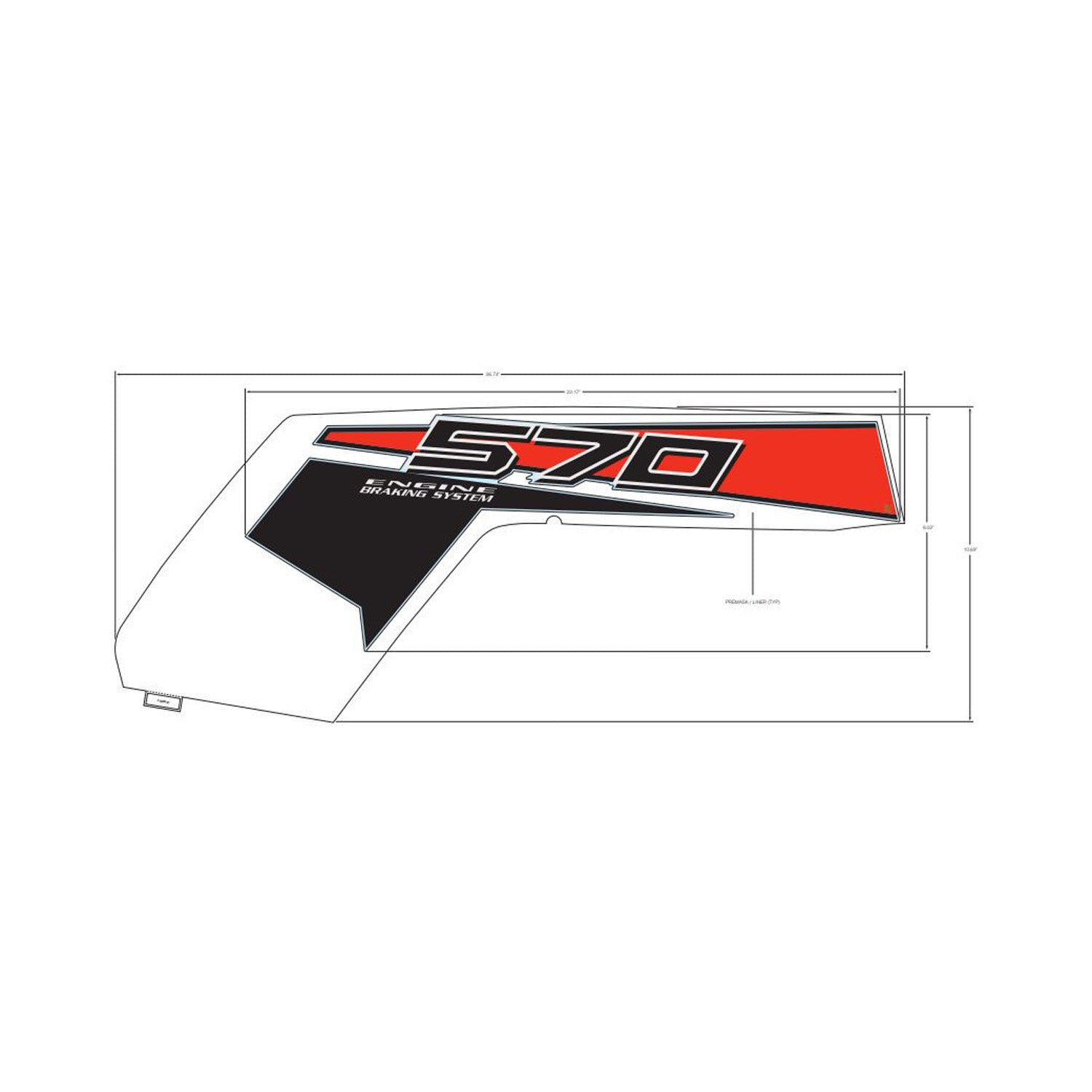Black and red angular hood decal with "570" number and Polaris branding in white and silver accents.