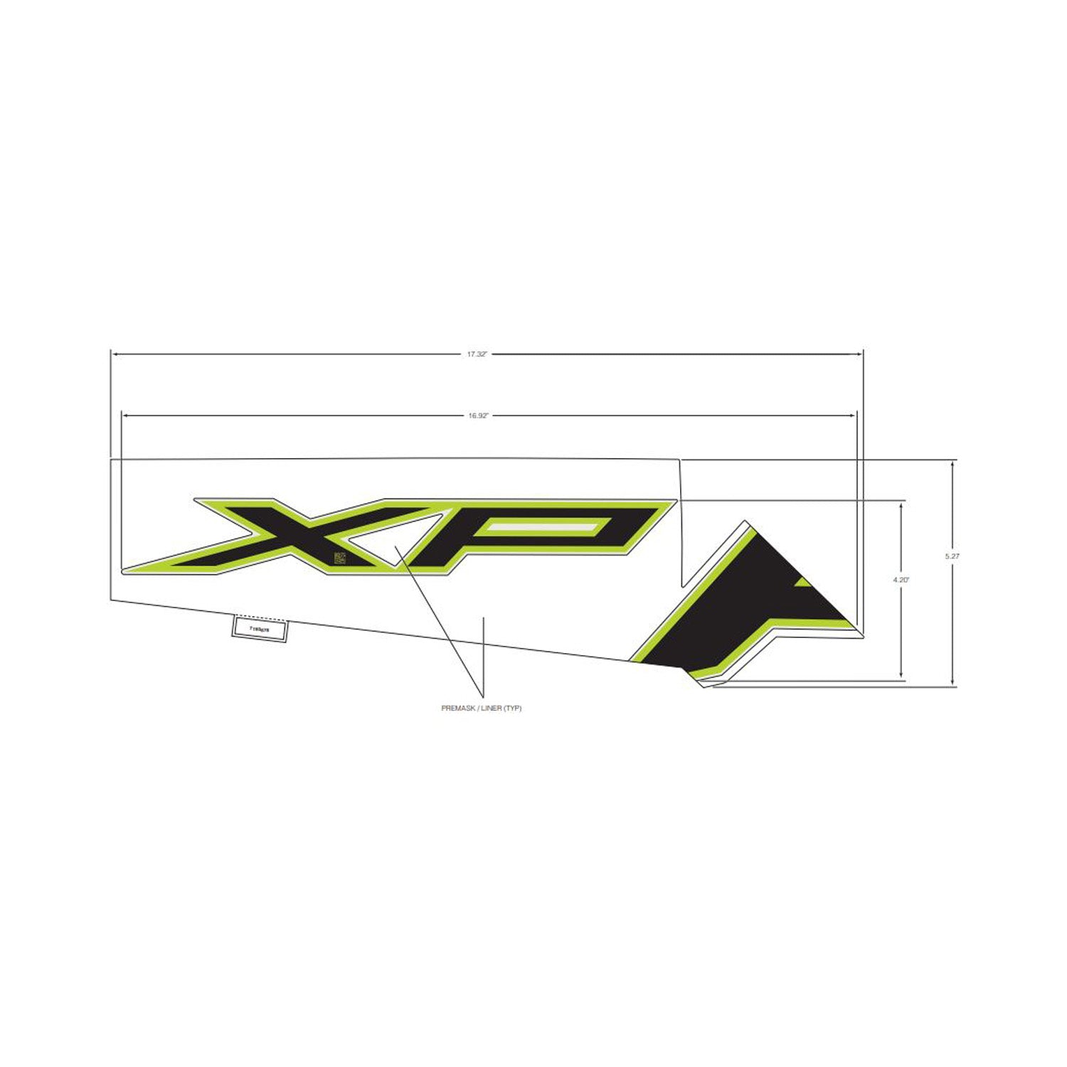 White and black angular rear fender decal with yellow-green outline and "XP" lettering.